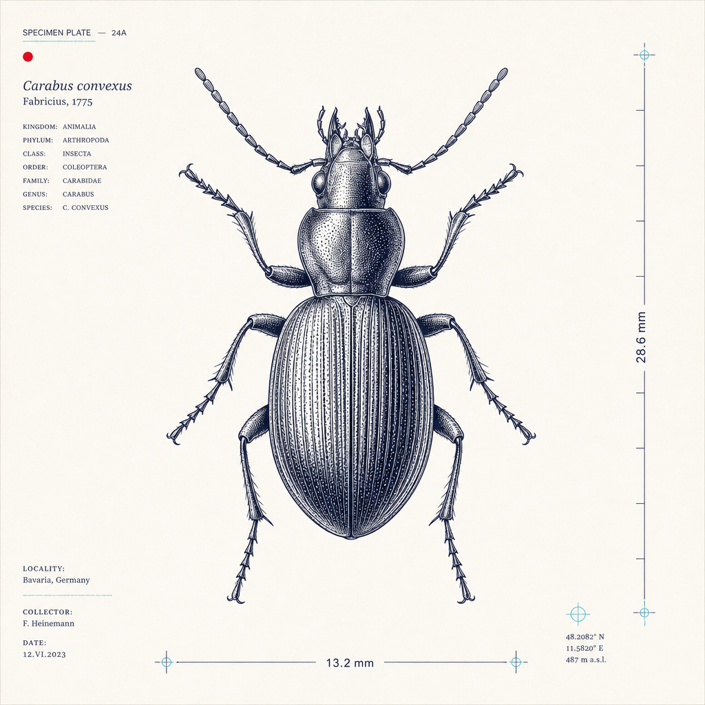 Field-guide specimen plate of a beetle — structural precision and resilience, rendered in exact detail.