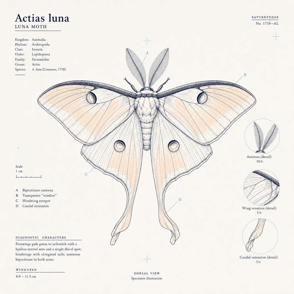 Brand Engine — field-guide specimen illustration (Actias luna)