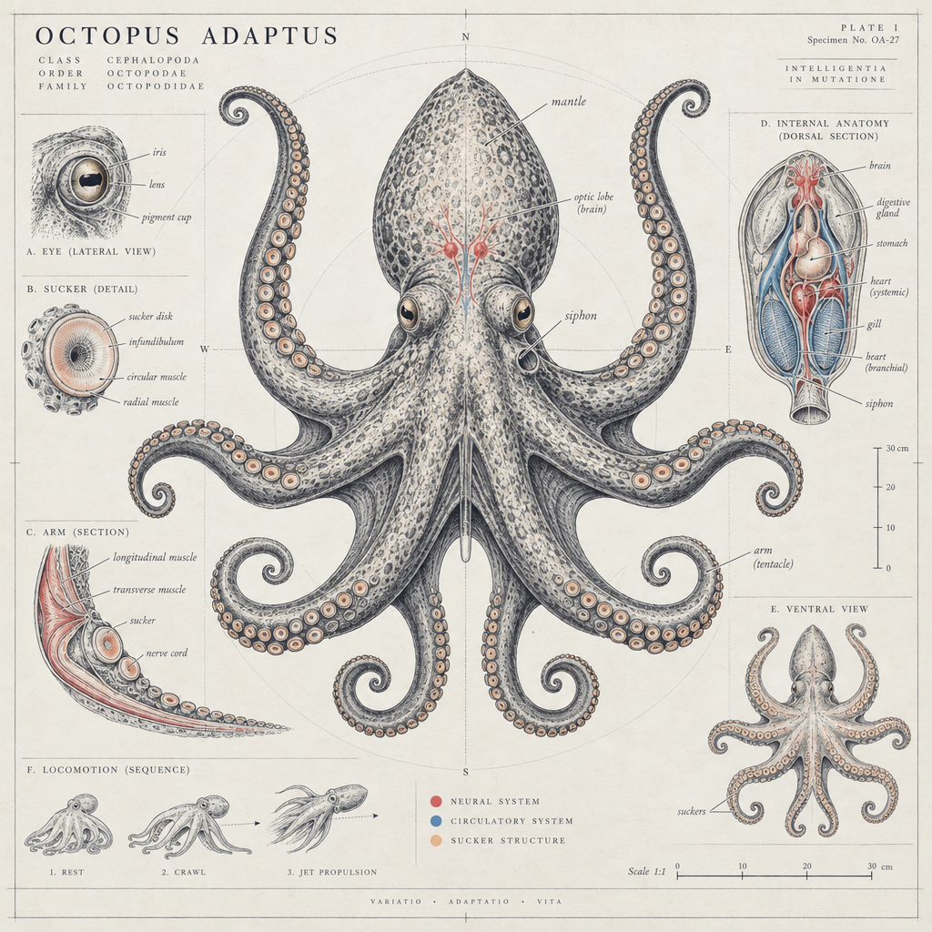 Custom Engine — field-guide specimen illustration (Octopus adaptus)