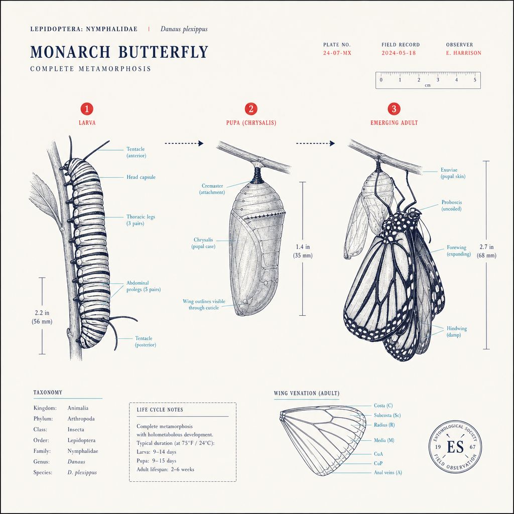 Innovation Engine — field-guide specimen illustration (Metamorphosis)